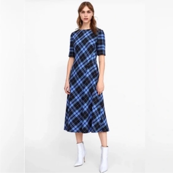 Zara Blue Checkered Midi Dress - Picture 1 of 4